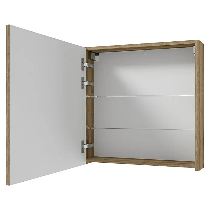 Spiegelschrank Rietti - B x H: 60 x 60 cm, Holz, Eiche Evoke - Offener Spiegelschrank mit Holzrahmen und zwei Glasböden, ideal für Badezimmerutensilien. Praktisch und stilvoll.