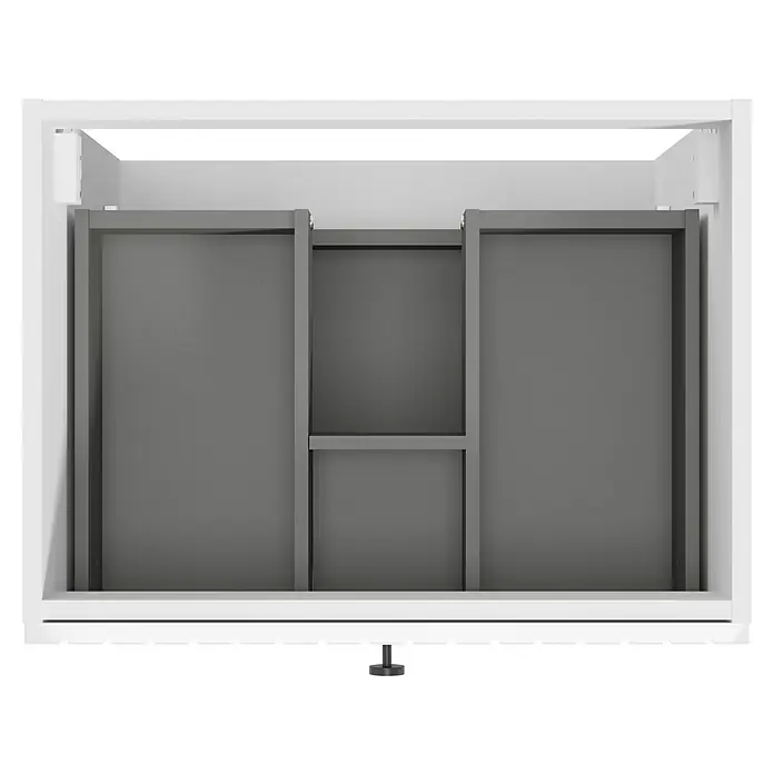 Badmöbel-Set Rietti - 61 cm, Weiß, Strukturiert - Das Bild zeigt einen Badezimmerschrank mit zwei grauen Schubladen und einem mittigen Fach für zusätzliche Aufbewahrung.