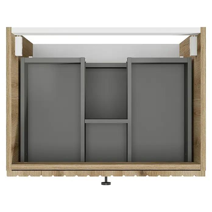 Badmöbel-Set Rietti - 61 cm, Eiche Evoke, Strukturiert - Innenansicht eines Badezimmerschranks mit grauen Fächern und einer Holzstruktur, die Stauraum und Ordnung bietet.