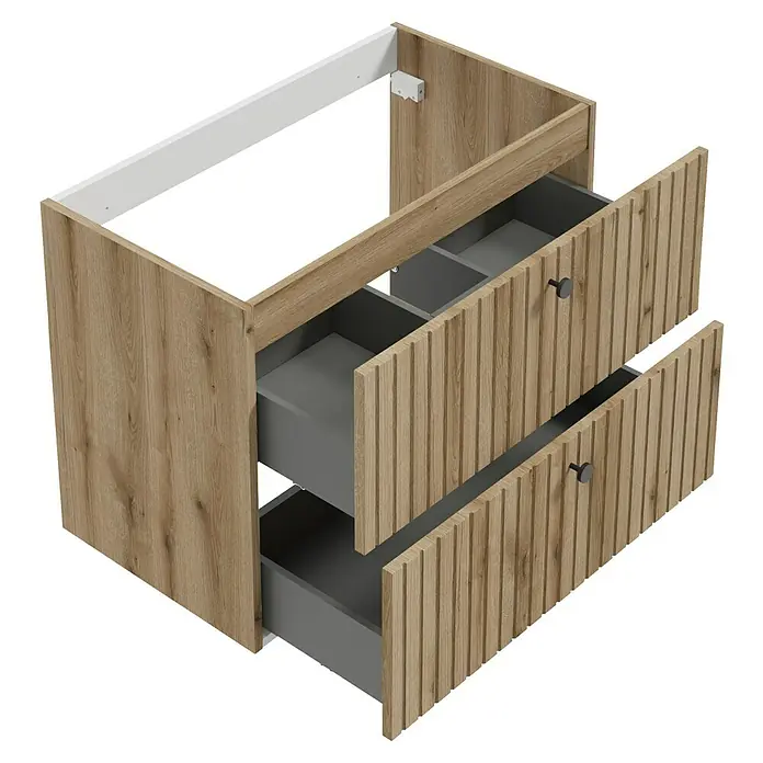 Badmöbel-Set Rietti - 81 cm, Eiche Evoke, Strukturiert - Bild eines Waschtischunterschranks in Holzoptik mit grauen Schubladen und Griffen. Das Möbelstück ist modern und funktional.