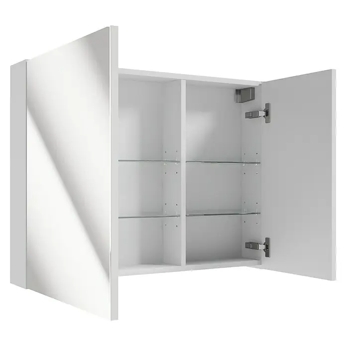 Spiegelschrank Rietti - B x H: 80 x 60 cm, Holz, Weiß - Ein geräumiger, weißer Spiegelschrank mit offenen Türen und Glasablagen bietet viel Stauraum für Badutensilien. Perfekt für jedes moderne Badezimmer.