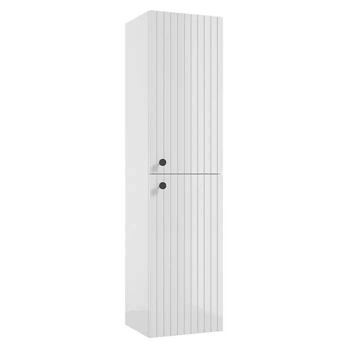 Hochschrank Rietti - B x T x H: 35 x 32 x 140 cm, Weiß, Strukturiert - Schlichte weiße Schranktür mit senkrechten Rillen und zwei runden, schwarzen Griffen. Ein modernes Design für jeden Raum.