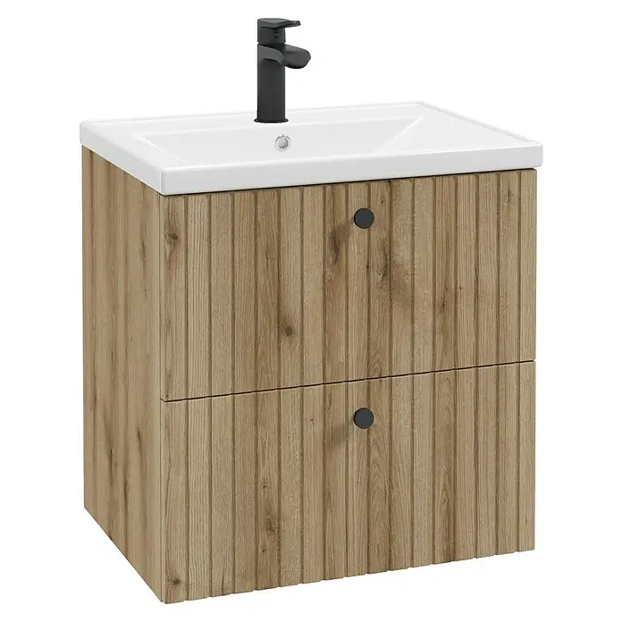 Badmöbel-Set Rietti - 61 cm, Eiche Evoke, Strukturiert - Moderne Badezimmermöbel: Waschbeckenunterschrank mit zwei Schubladen und einem stilvollen schwarzen Wasserhahn für das Badezimmer.