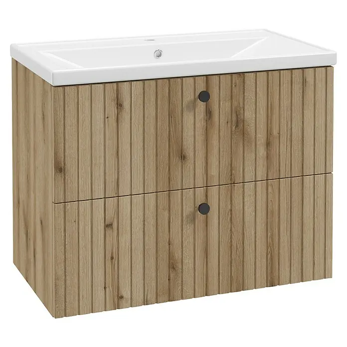 Badmöbel-Set Rietti - 81 cm, Eiche Evoke, Strukturiert - Moderner Waschtischunterschrank mit zwei Schubladen und einem Waschbecken aus Keramik. Das Holzdekor verleiht eine natürliche Note.