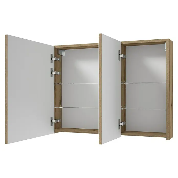 Spiegelschrank Rietti - B x H: 80 x 60 cm, Holz, Eiche Evoke - Aufnahme eines geöffneten Badezimmerschranks in Holzoptik und weißen Türen mit modernen Scharnieren und Glasablagen.