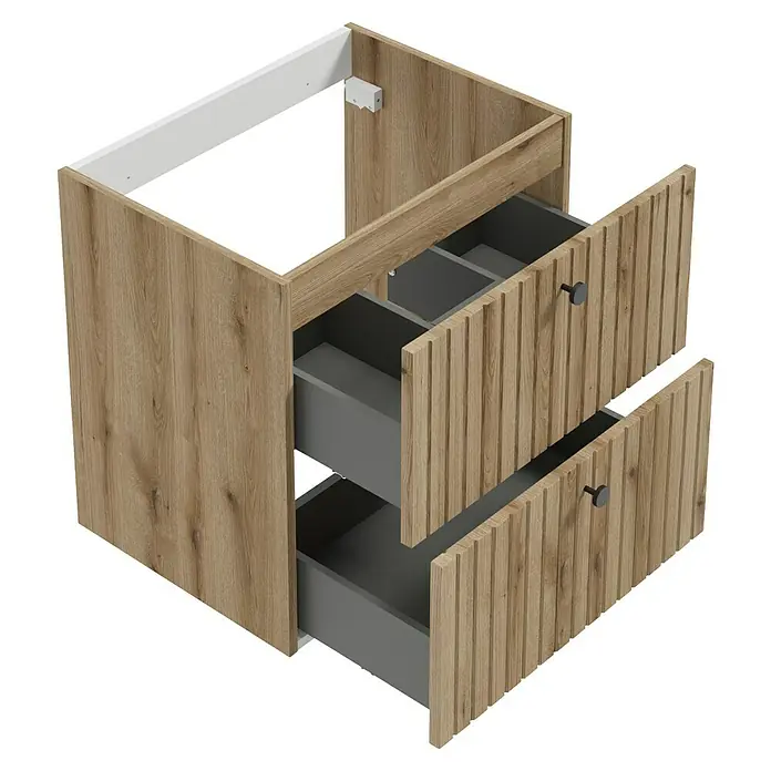 Badmöbel-Set Rietti - 61 cm, Eiche Evoke, Strukturiert - Moderne Waschtisch-Kombination mit zwei Schubladen in Holzoptik und grauen Innenauszügen für ein stilvolles Badezimmer.