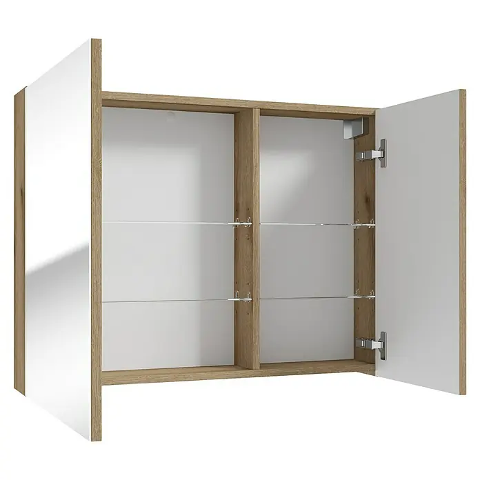 Spiegelschrank Rietti - B x H: 80 x 60 cm, Holz, Eiche Evoke - Hängender Badezimmerschrank mit zwei Türen in Weiß und Holzoptik, offen mit Glasböden. Praktisch für jedes Badezimmer.