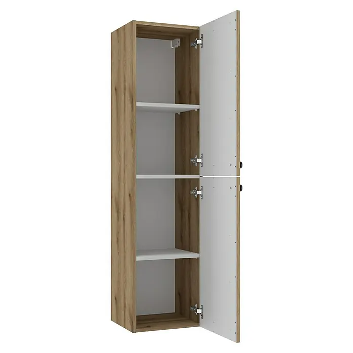 Hochschrank Rietti - B x T x H: 35 x 32 x 140 cm, Eiche Evoke, Strukturiert - Ein offener Holzschrank mit weißen Regalen und einer weißen Tür, die die Inneneinteilung des Schranks zeigt.