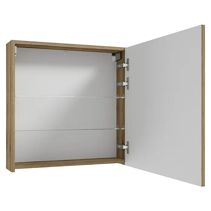 Spiegelschrank Rietti - B x H: 60 x 60 cm, Holz, Eiche Evoke - Offener Badezimmerschrank mit Holzrahmen, weißen Regalböden und Tür, ideal zur Aufbewahrung von Badutensilien.