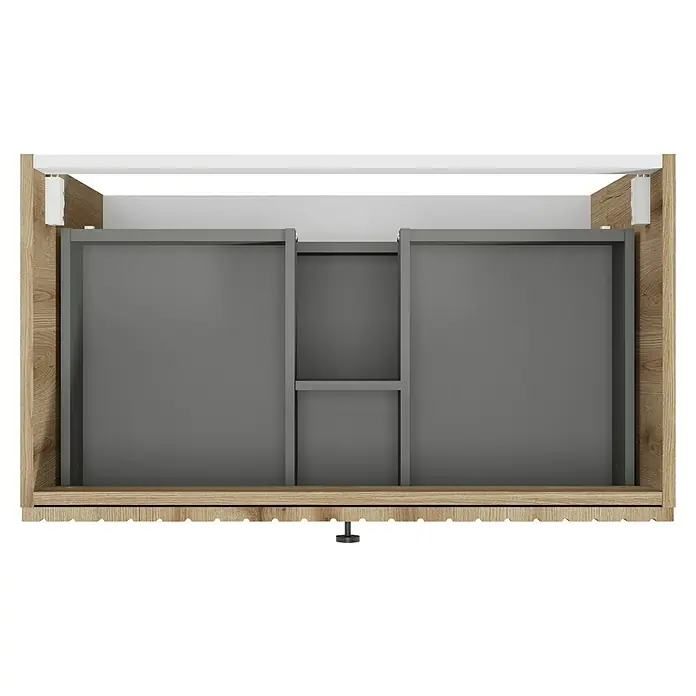 Badmöbel-Set Rietti - 81 cm, Eiche Evoke, Strukturiert - Einbauschrank mit zwei grauen Schubladen und einem kleinen Fach in der Mitte, ideal für Badezimmerutensilien. Das Holz verleiht Wärme.