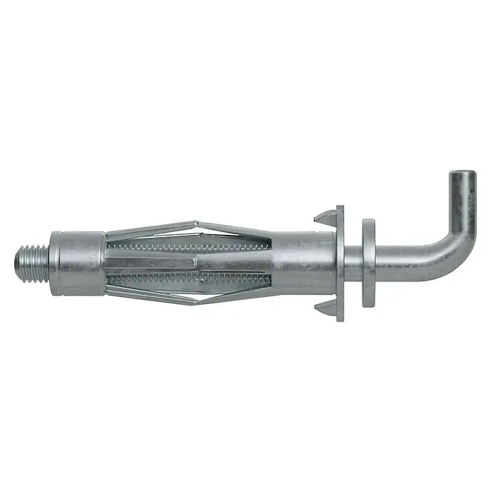 Stabilit Metall-Hohlraumdübel-Set M5x37 - Gesamtstückzahl: 4 Stk. - Nahaufnahme eines Kippdübels mit Gewinde und abgewinkeltem Haken, ein vielseitiges Befestigungselement für sichere Wandmontage.