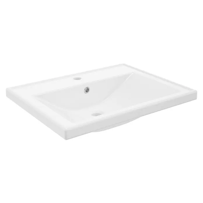 Badmöbel-Set Rietti - 61 cm, Eiche Evoke - Bild einer modernen, weißen Waschbecken-Einheit mit elegantem Design und glänzender Oberfläche. Ideal für stilvolle Badezimmer.