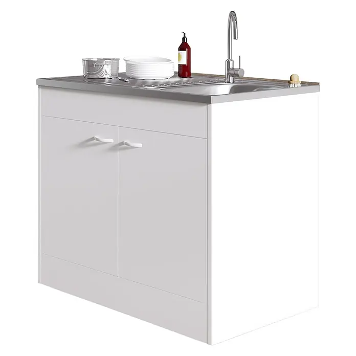 Respekta Komplettspüle Samara - 100 x 60 cm, Weiß, Art Tür: Doppeltür - Ein weißer Spülschrank mit Spülbecken, Armatur, Geschirr und Spülmittel. Ideal für Küche oder Waschküche. Praktisch und stilvoll.