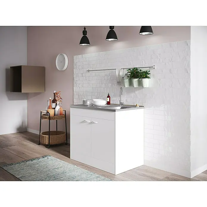 Respekta Komplettspüle Samara - 100 x 60 cm, Weiß, Art Tür: Doppeltür - Ein moderner Waschtisch mit Edelstahlspüle und weißer Unterschrankfront, perfekt für Waschküche oder kleines Bad. Stilvolles Design mit praktischem Stauraum.