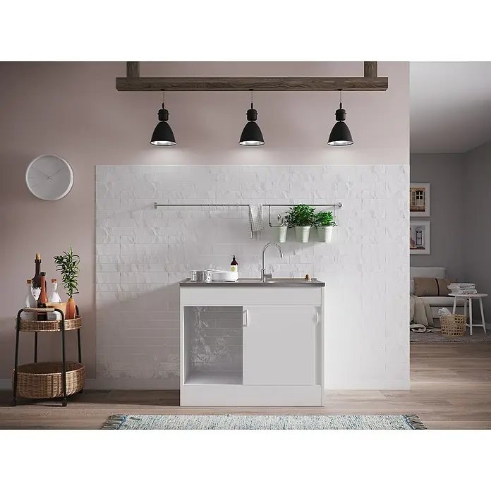 Respekta Komplettspüle Samara - 100 x 50 cm, Weiß, Art Tür: Schiebetür - Ein moderner Waschbeckenunterschrank in Weiß mit dunkler Arbeitsplatte und praktischem Stauraum für ein stilvolles Badezimmer.