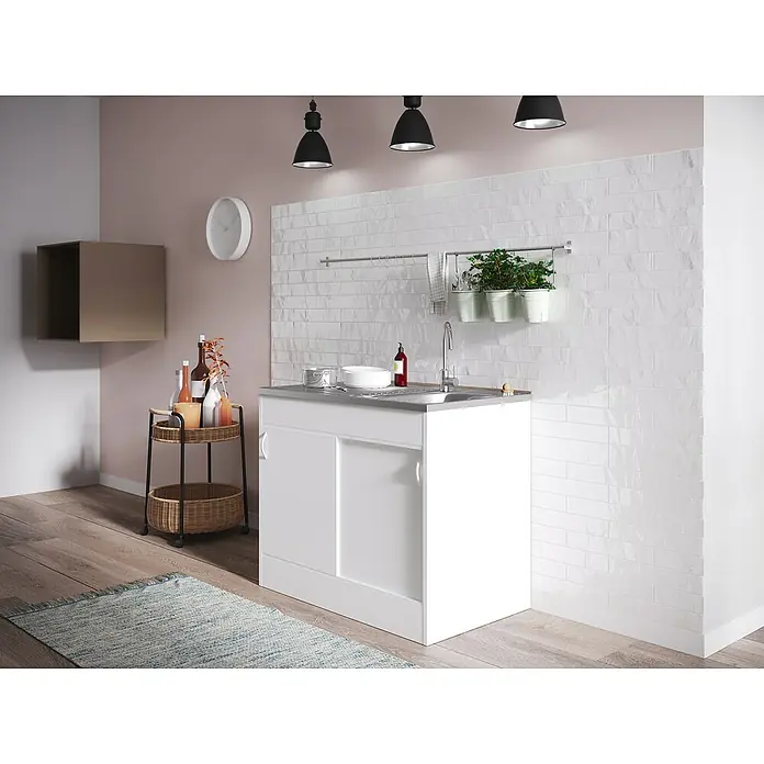 Respekta Komplettspüle Samara - 100 x 60 cm, Weiß, Art Tür: Schiebetür - Die Küchenspüle mit Unterschrank, stilvoll in Weiß gehalten, bietet praktische Aufbewahrung und eine elegante Arbeitsfläche.
