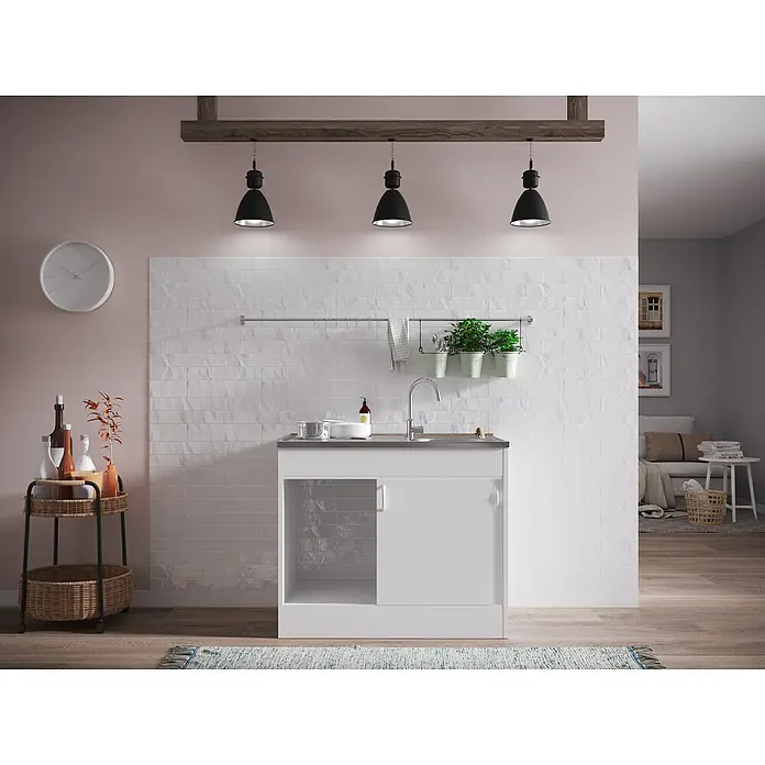 Respekta Komplettspüle Samara - 100 x 60 cm, Weiß, Art Tür: Schiebetür - Ein Waschbeckenunterschrank mit einer grauen Arbeitsplatte und einem weißen Schrank mit einer Schiebetür.
