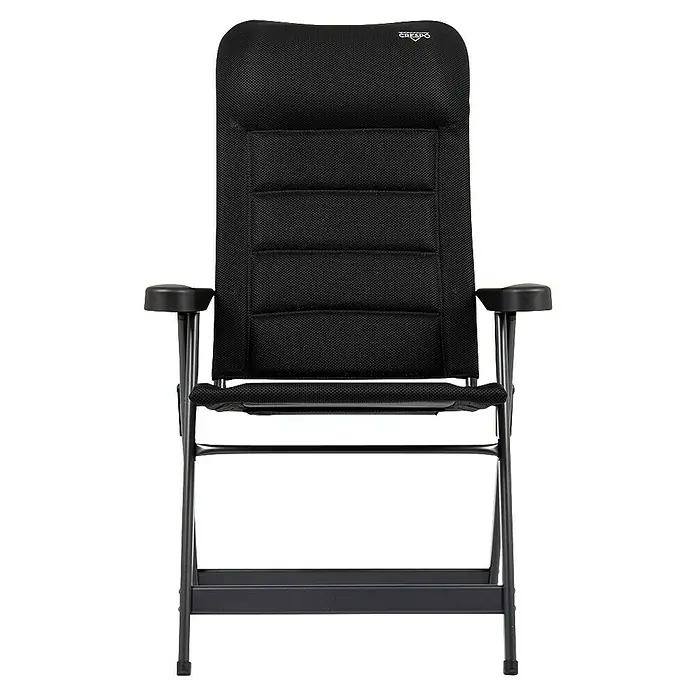 Crespo Campingstuhl Air-Deluxe - Aluminium, Rückenlehne verstellbar, Schwarz, B x T x H: 69 x 74 x 120 cm - Das Bild zeigt einen schwarzen Crespo Relaxstuhl mit Armlehnen und Getränkehalter, ideal für Entspannung im Freien.