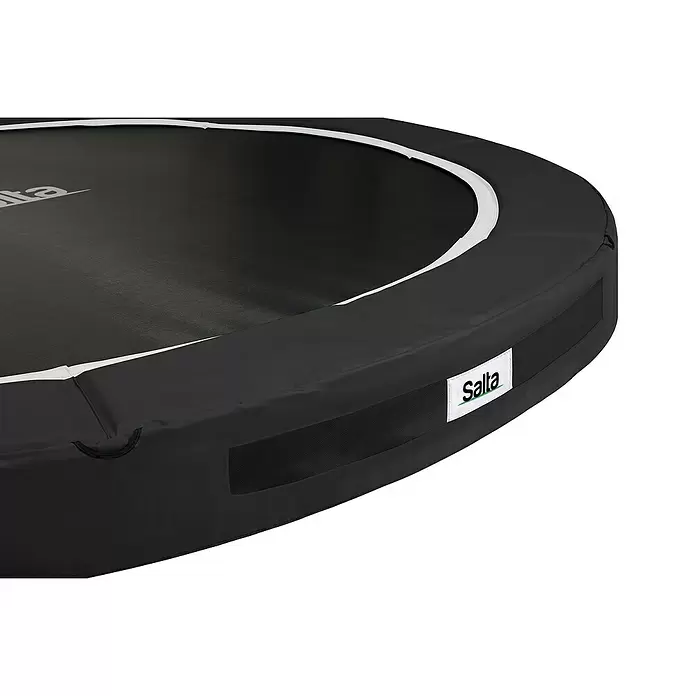 Salta Trampolin Premium Ground - Durchmesser: 396 cm, Schwarz - Schwarze Trampolinmatte und Sicherheitsabdeckung mit weißem Rand und Salta-Logo.