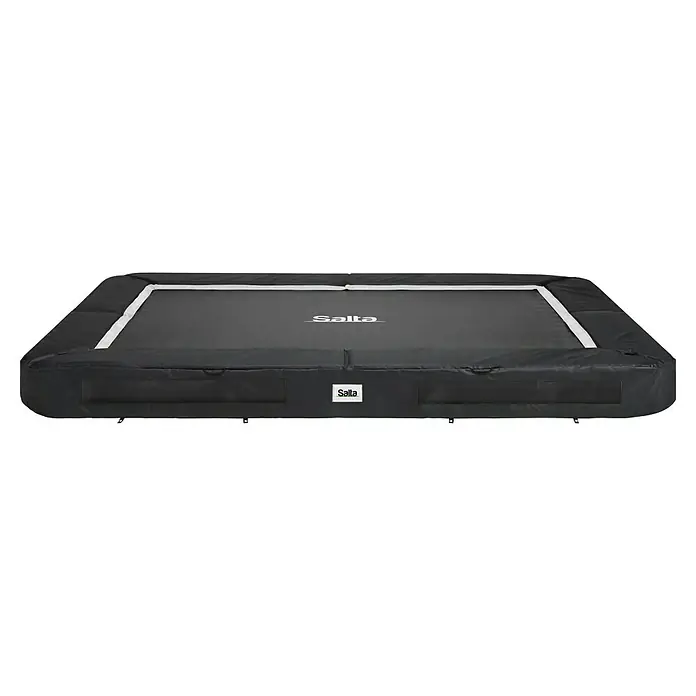 Salta Trampolin Premium Ground - B x L: 214 x 305 cm, Schwarz - Rechteckiges schwarzes Trampolin mit weißem Rand und 'Salta'-Logo auf Sprungmatte und Seitenetikett.