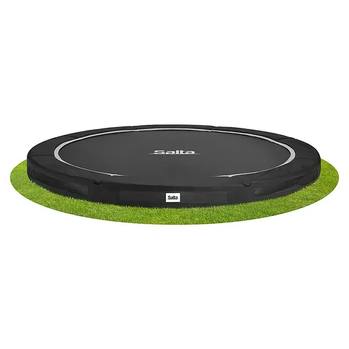 Salta Trampolin Premium Ground - Durchmesser: 396 cm, Schwarz - Schwarzes, rundes Salta Bodentrampolin, in Rasen eingelassen.