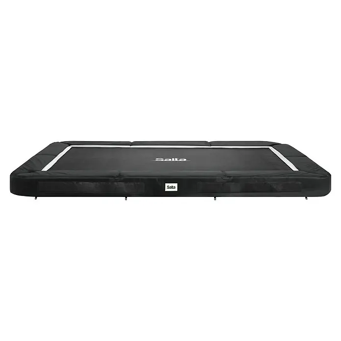 Salta Trampolin Premium Ground - B x L: 244 x 366 cm, Schwarz - Schwarzes rechteckiges Trampolin mit weißem Rand und gepolstertem Rahmen, mit Salta-Logo auf der Sprungmatte.
