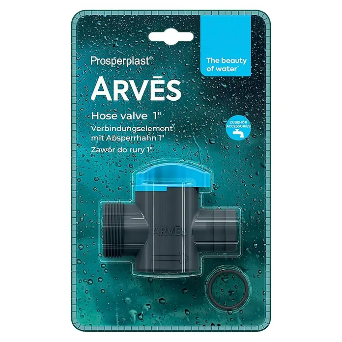 Arves Verbindungselement mit Absperrhahn - Passend für: Regentonnen, Basalt - Dunkelgraues Kunststoff-Schlauchventil mit blauem Griff, verpackt mit einem O-Ring.