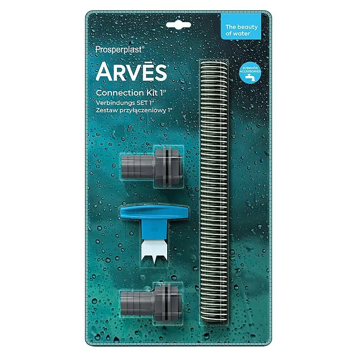 Arves Regentonnen-Verbindungs-Set - Passend für: Regensammler, Regentonne, Größe Anschluss: 1″ - Prosperplast ARVES 1" Anschluss-Set mit flexiblem Schlauch, zwei grauen Anschlüssen und blauem Werkzeug in transparenter Verpackung.