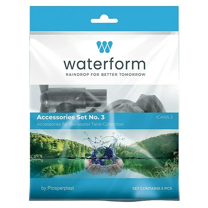 Regentonnen-Set - 5 -tlg., Passend für: Regentonnen Maze, Tube, Aquacan, Smooth, Peruno, Aqua Tower & Tower Stone - Verpackung des Wasserform Zubehörsets Nr. 3 für Regenwassertanksammlung, mit dem Logo und dem Slogan „Regentropfen für ein besseres Morgen“.