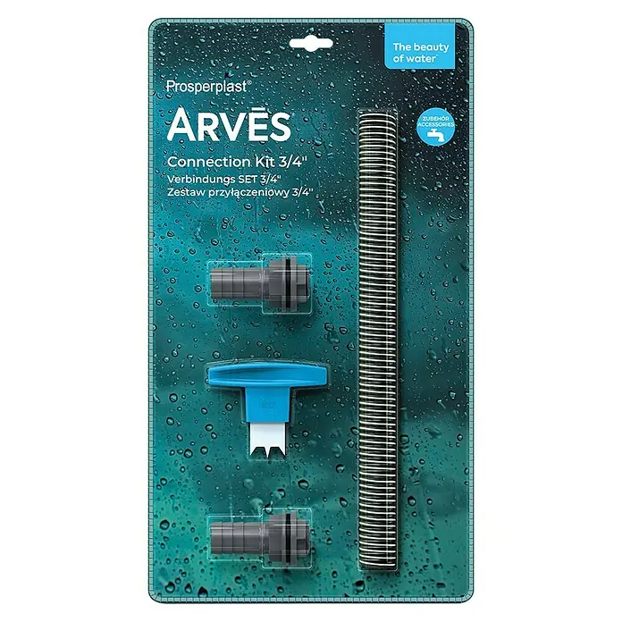 Arves Regentonnen-Verbindungs-Set - Passend für: Regensammler, Regentonne, Größe Anschluss: ¾″ - Prosperplast Arves Anschluss-Set 3/4 Zoll mit grauen Schlauchverbindern, blauem Werkzeug und Wellschlauch für Wassersysteme.