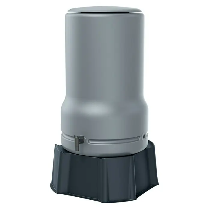 Arves Regenspeicher Aquabell - 110 l, Grau - Graues Kunststoff-Regenfass mit Deckel, Zapfhahn und dunkelgrauem Standfuß.