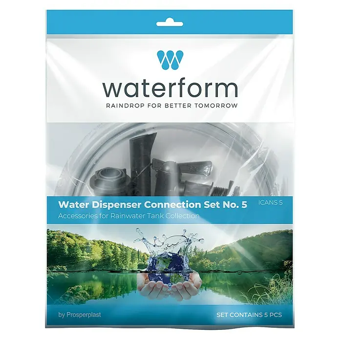Regentonnenanschluss Set - 5 -tlg., Passend für: Regentonnen Maze, Tube, Aquacan, Smooth, Peruno, Aqua Tower & Tower Stone - Abbildung einer Waterform Wasserverteiler-Anschlussgarnitur Nr. 5, ein Zubehörset für die Regenwassertank-Sammlung, ideal für die Gartenbewässerung.