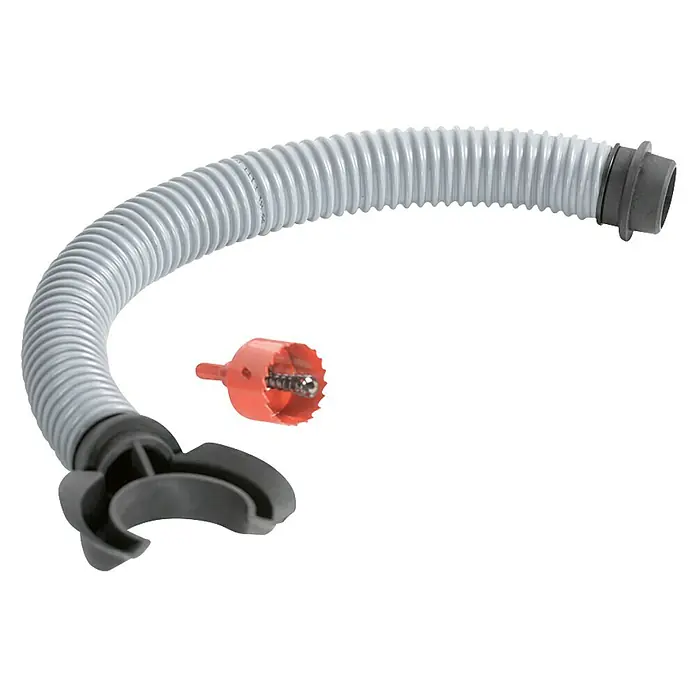 Regentonnen-Verbindungs-Set - 6 -tlg., Passend für: Regentonne Maze, Tube, Aquacan, Smooth, Peruno, Aqua Tower & Tower Stone - Das Bild zeigt einen flexiblen, hellgrauen Schlauch mit passendem Zubehör für vielfältige Anwendungen. Ideal für Werkstatt und Haushalt.