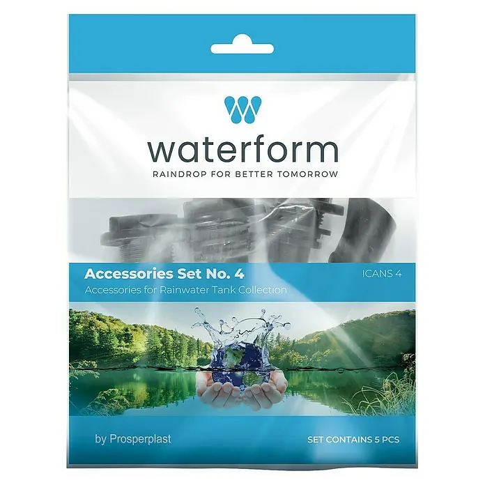 Regentonnen-Verbindungs-Set mit Auslaufhahn - 5 -tlg., Passend für: Regentonnen Maze, Tube, Aquacan, Smooth, Peruno, Aqua Tower & Tower Stone - Verpackung eines Waterform Zubehörsets Nr. 4 für Regenwassertanks, bestehend aus 5 Teilen von Prosperplast.