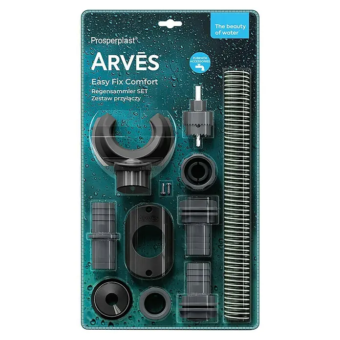Arves Regensammler Set- Easy-Fix Comfort - Basalt - Dunkelgraues ARVĒS Regensammler-Set aus Kunststoff mit Schlauch, Anschlüssen und Bohrer in Klarsichtverpackung.