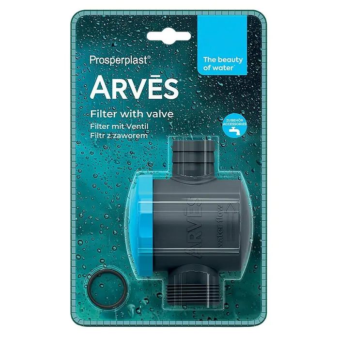 Arves Regenwasserfilter mit Ventil - Höhe: 23 cm - Ein dunkelgrauer und transparent-blauer Kunststoff-Wasserfilter mit Ventil, verpackt mit einem schwarzen O-Ring.