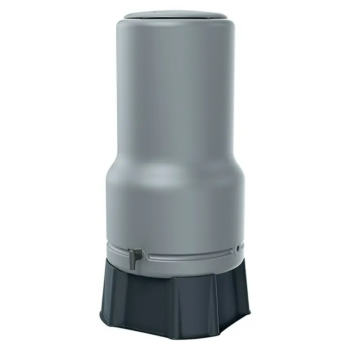 Arves Regenspeicher Aquabell - 200 l, Grau - Graues Kunststoff-Regenfass mit schwarzem Sockel und integriertem Hahn zur Wassersammlung.
