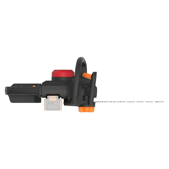 Worx PowerShare 20V Motosierra de batería WG350E.9 - 20 V, Iones de litio, Sin batería, Longitud de la cuchilla: 30 cm - Motosierra negra y roja con detalles naranjas, vista lateral, mostrando la larga cadena de corte.