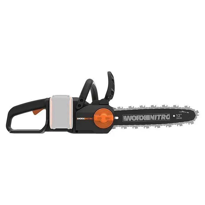 Worx PowerShare 20V Akku-Kettensäge WG350E.9 - 20 V, Li-Ionen, Ohne Akku - Abbildung einer Worx Nitro Akku-Kettensäge mit 30 cm Schnittlänge. Die Kettensäge ist schwarz mit orangen Akzenten und verfügt über einen Handschutz.