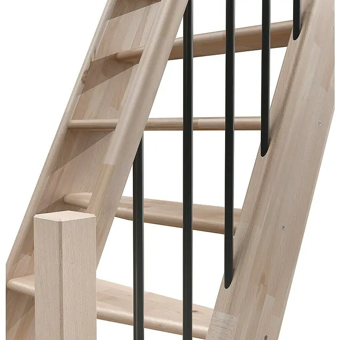 Sogem Escalera compacta recta Kyoto - Ancho: 57 cm, Color peldaños: Haya, Altura de planta: 280 cm, Características del diseño: Con barandilla - Vista detallada de una escalera de madera con barandillas negras. Diseño elegante para la vida moderna.