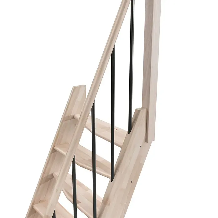 Sogem Escalera compacta recta Kyoto - Ancho: 57 cm, Color peldaños: Haya, Altura de planta: 280 cm, Características del diseño: Con barandilla - Una escalera de madera moderna con barrotes de barandilla negros, perfecta para interiores modernos, definida por su diseño sencillo y funcional.