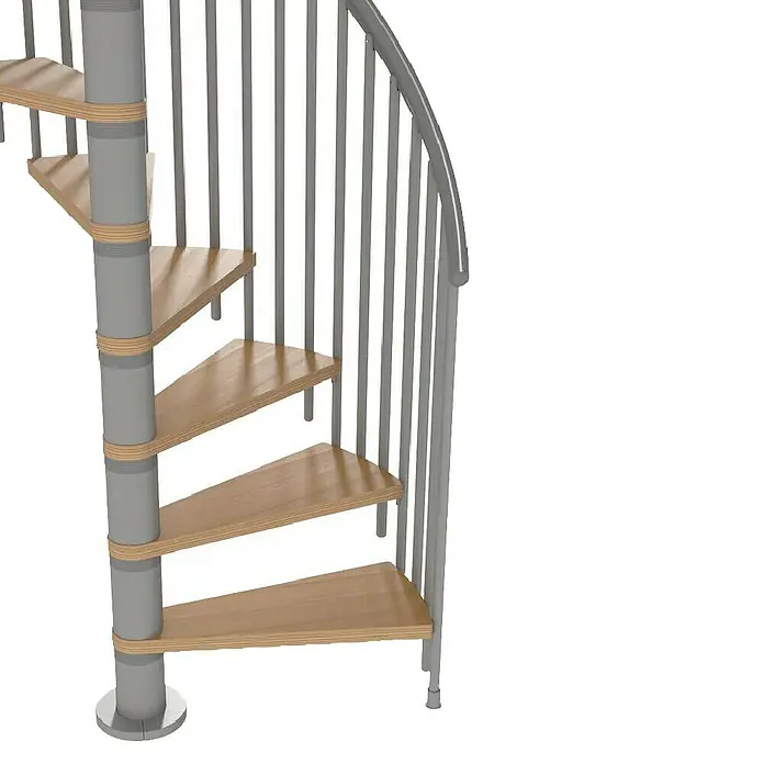 Sogem Escalera de caracol Calgary - Diámetro: 140 cm, Color peldaños: Marrón, Altura de planta: 244,8 cm - 280,8 cm - Una elegante escalera de caracol con peldaños de madera y una barandilla de metal gris, ideal para espacios modernos.