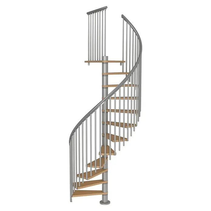 Sogem Escalera de caracol Calgary - Diámetro: 140 cm, Color peldaños: Marrón, Altura de planta: 244,8 cm - 280,8 cm - Una elegante escalera de caracol con barandillas plateadas y escalones de madera clara, que encarna un diseño moderno.