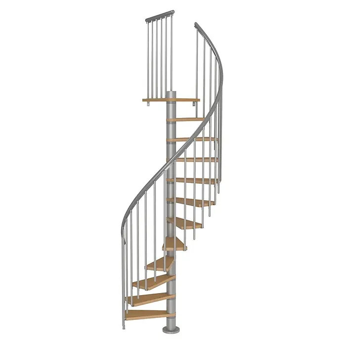 Sogem Escalera de caracol Calgary - Diámetro: 120 cm, Color peldaños: Marrón, Altura de planta: 248 cm - 280,8 cm - Una escalera de caracol de metal y madera que asciende en espiral, mostrando un diseño moderno y elegante.