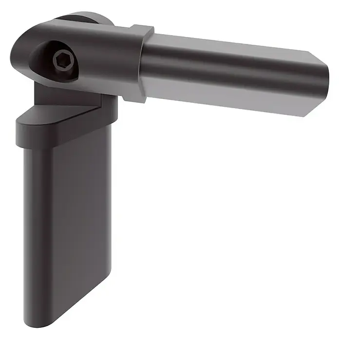 Sogem Conector de barandilla Pure Black - Específico para: Barandilla balaustrada, Negro - Primer plano de una bisagra negra ajustable con un tornillo hexagonal, ideal para conexiones flexibles y aplicaciones versátiles.