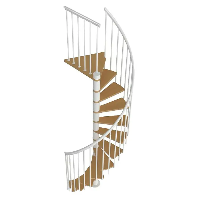 Sogem Escalera de caracol Calgary - Diámetro: 120 cm, Color peldaños: Haya, Altura de planta: 244,8 cm - 280,8 cm - Esta imagen muestra una elegante escalera de caracol con barandillas blancas y escalones de color marrón claro. La escalera sube en espiral.