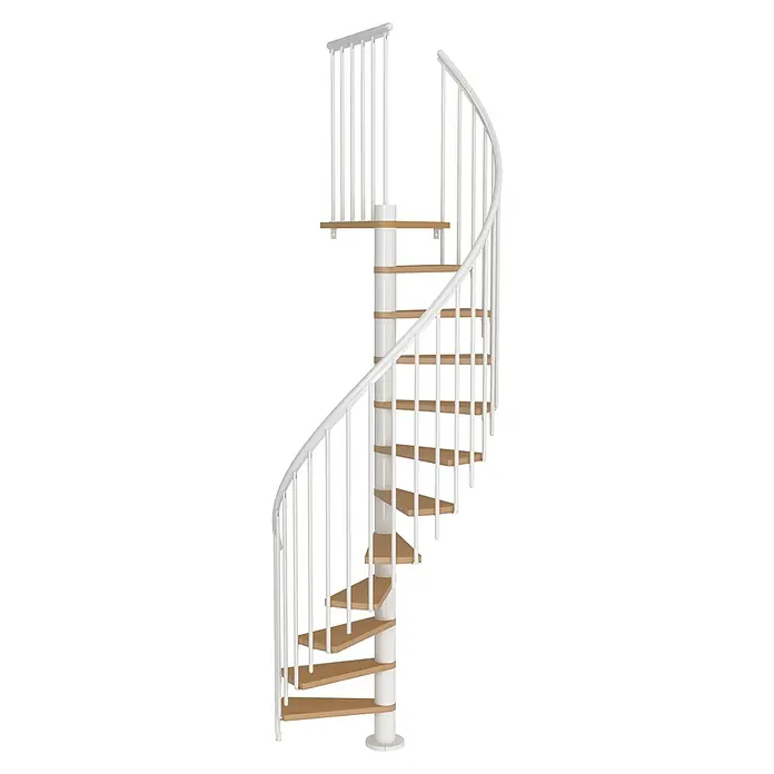 Sogem Escalera de caracol Calgary - Diámetro: 120 cm, Color peldaños: Haya, Altura de planta: 244,8 cm - 280,8 cm - Escalera de caracol blanca con escalones de madera, que se eleva elegantemente, ofreciendo un diseño moderno. Perfecta para un interiorismo elegante.