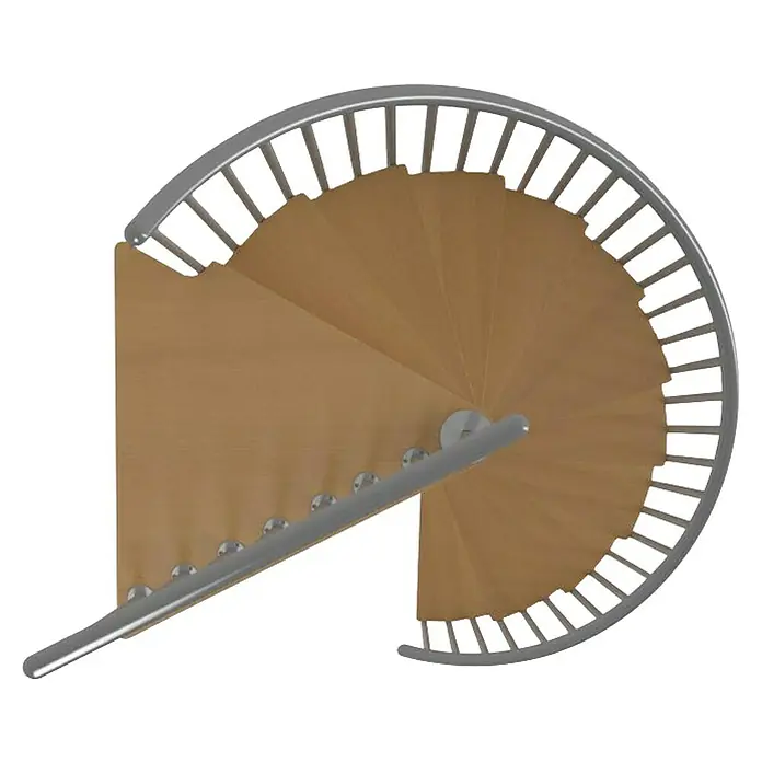 Sogem Escalera de caracol Calgary - Diámetro: 140 cm, Color peldaños: Marrón, Altura de planta: 244,8 cm - 280,8 cm - Una vista superior de una escalera de caracol de madera con barandillas de plata. Tiene un diseño elegante y moderno.