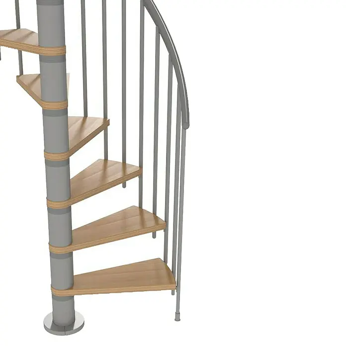 Sogem Escalera de caracol Calgary - Diámetro: 120 cm, Color peldaños: Marrón, Altura de planta: 248 cm - 280,8 cm - Vista detallada de una escalera de caracol con peldaños de madera y barandilla de metal gris. Su diseño es moderno y ahorra espacio.