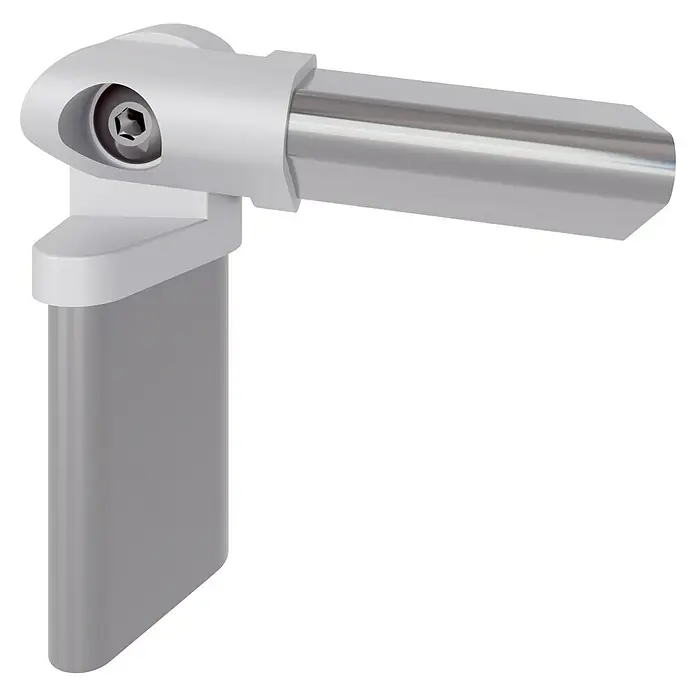 Sogem Conector de barandilla Pure Titanium - Específico para: Barandilla balaustrada, Gris - Primer plano de una junta angular de tres partes en plata, que proporciona una conexión precisa y robusta para diversas aplicaciones.